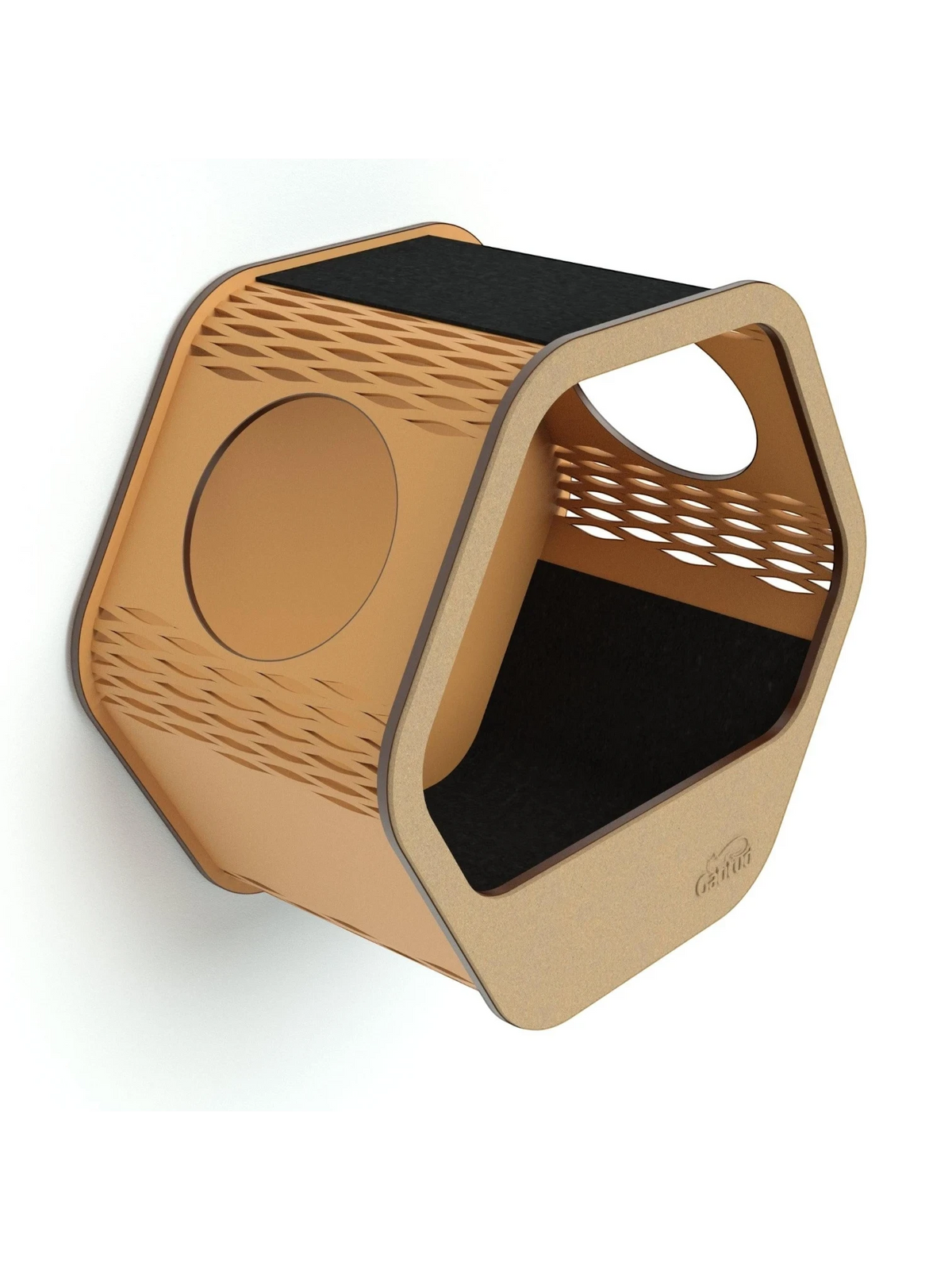 Gatitud Store modern hexagonal wooden cat wall perch with black carpeted surfaces and cut-out details.