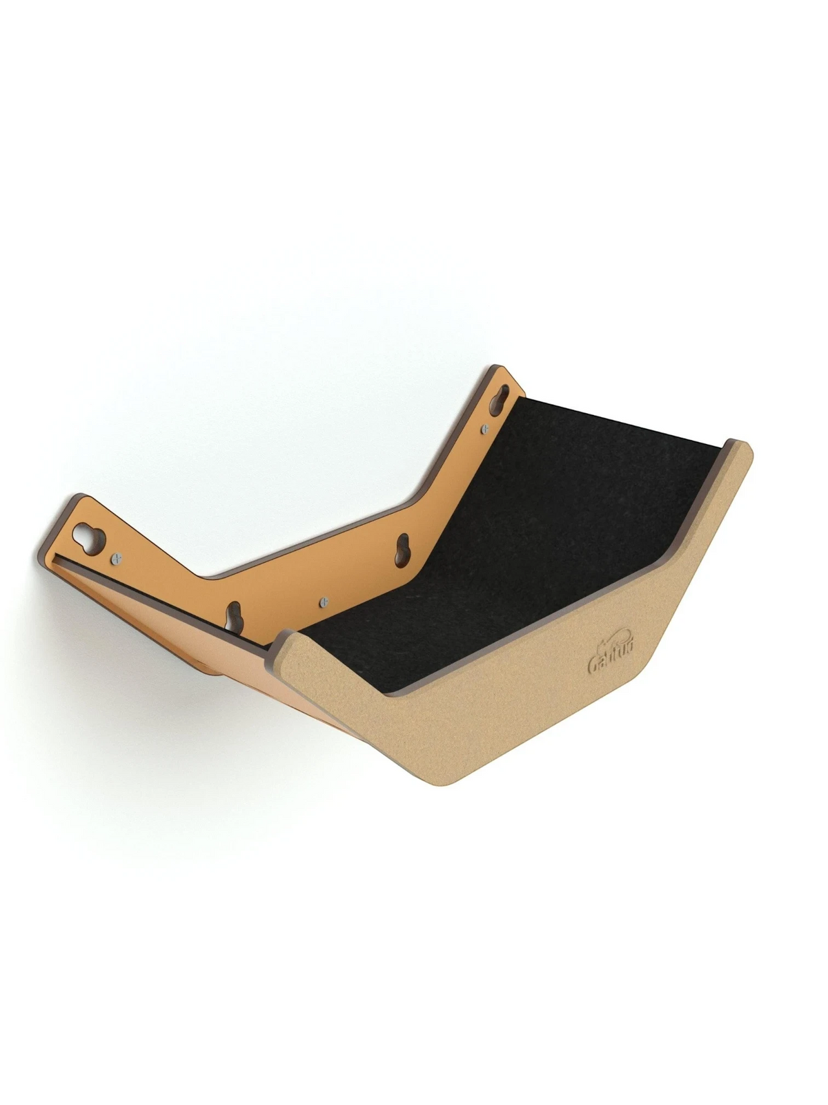 Gatitud Store wall-mounted cat perch with natural wood finish and black carpeted surface for climbing and resting.
