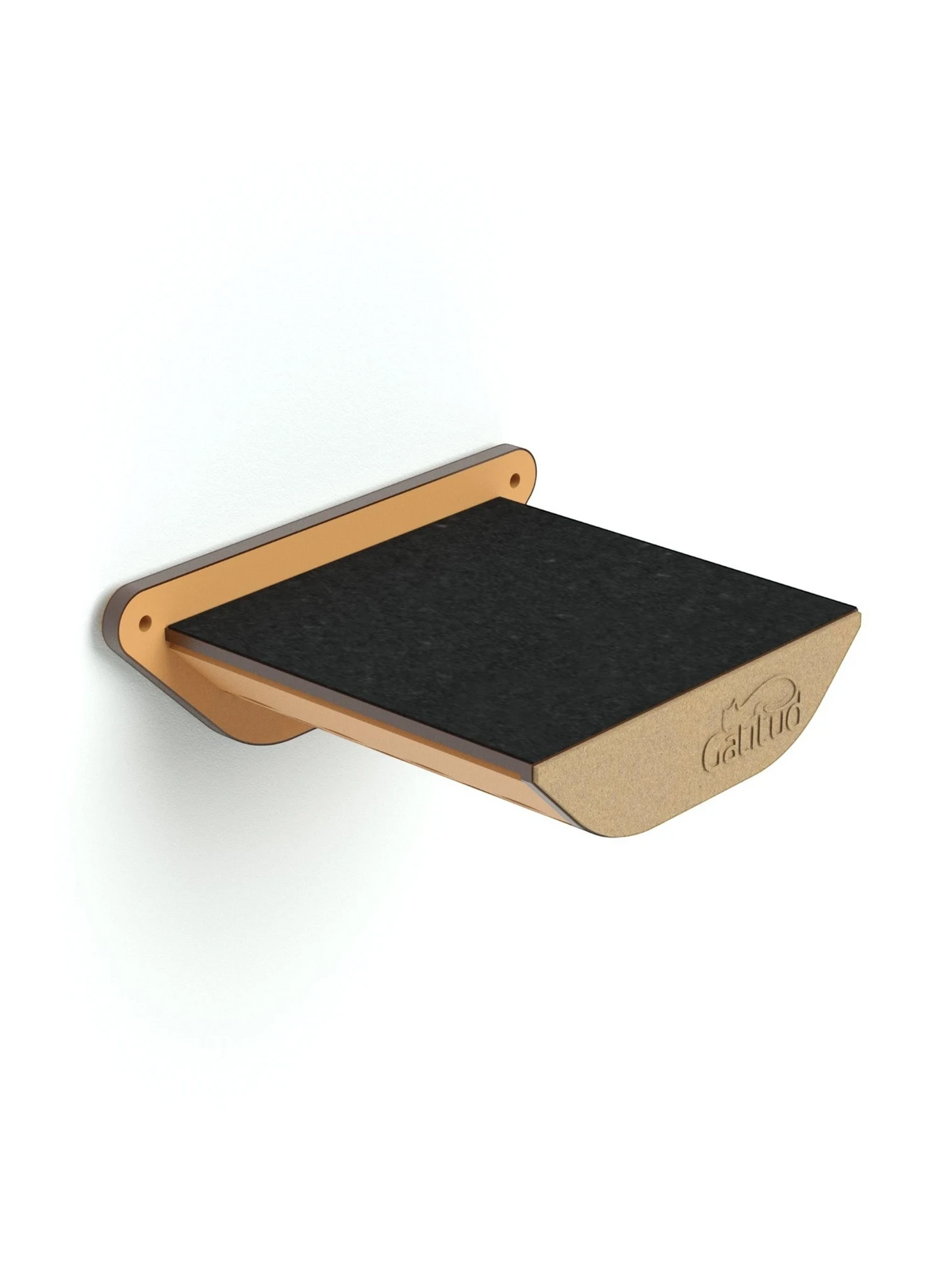 Gatitud Store modern wooden cat wall shelf with black carpeted perch and engraved logo.