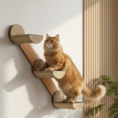 Gatitud Store natural wood cat wall steps with non-slip surface, featuring an orange tabby cat climbing.