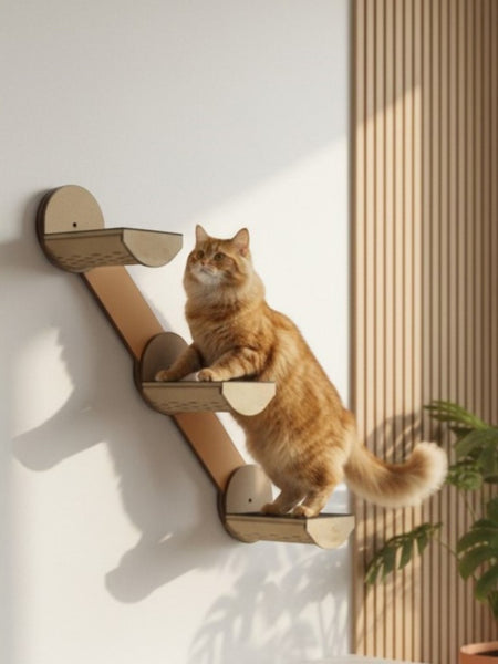 Gatitud Store natural wood cat wall steps with non-slip surface, featuring an orange tabby cat climbing.