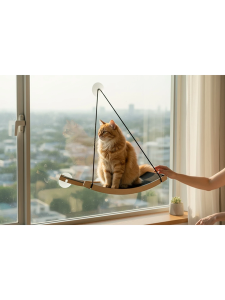 Gatitud Store medium cat window hammock with suction cups and a wooden frame, featuring a plush grey surface for comfortable lounging.