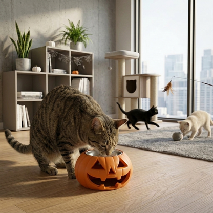 Comedero elevado Gatitud Store con forma de calabaza naranja para gatos, impreso en 3D en un salón moderno.