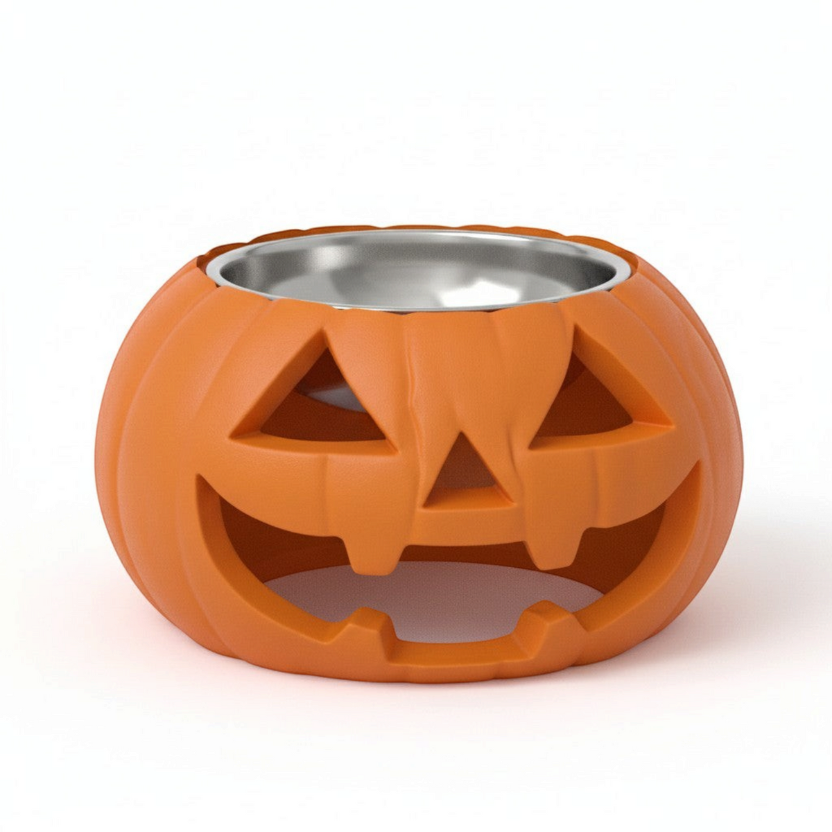 Comedero naranja con forma de calabaza de Halloween para mascotas de Gatitud Store, impreso en 3D con cuenco metálico