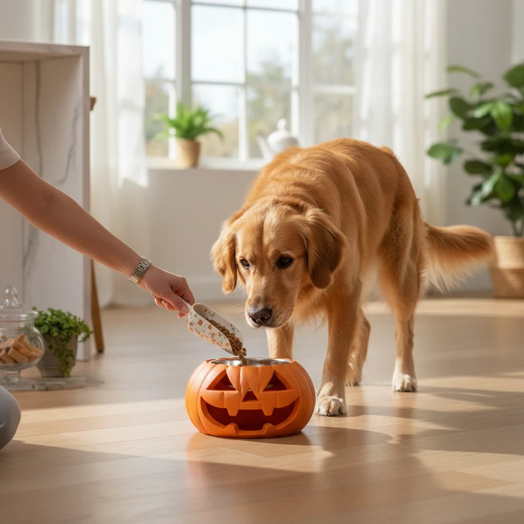 Perro golden retriever comiendo en un comedero naranja con forma de calabaza de Gatitud Store en un hogar iluminado.