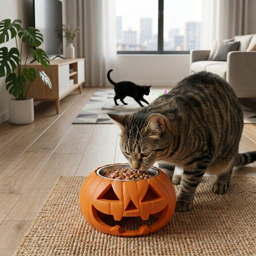 Comedero elevado Gatitud Store con forma de calabaza naranja de Halloween para gatos comiendo en un salón acogedor