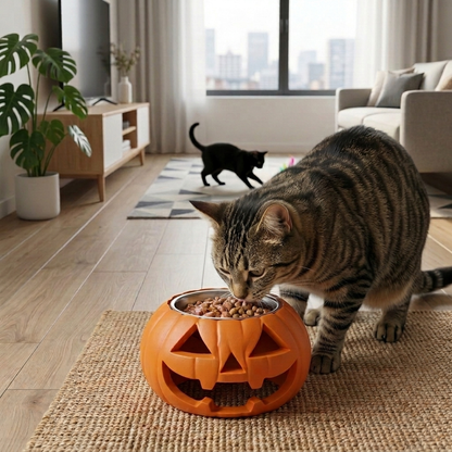 Comedero elevado Gatitud Store con forma de calabaza naranja de Halloween para gatos comiendo en un salón acogedor