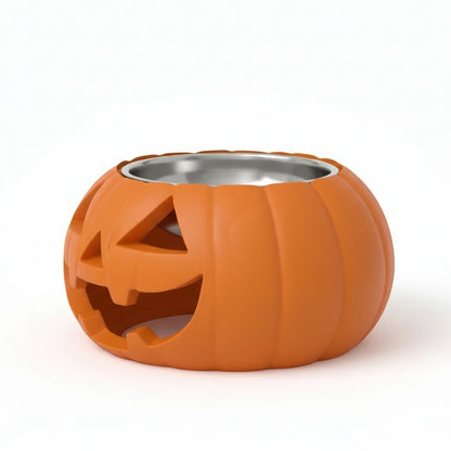 Comedero para mascotas Gatitud Store con forma de calabaza naranja de Halloween y cuenco de acero inoxidable