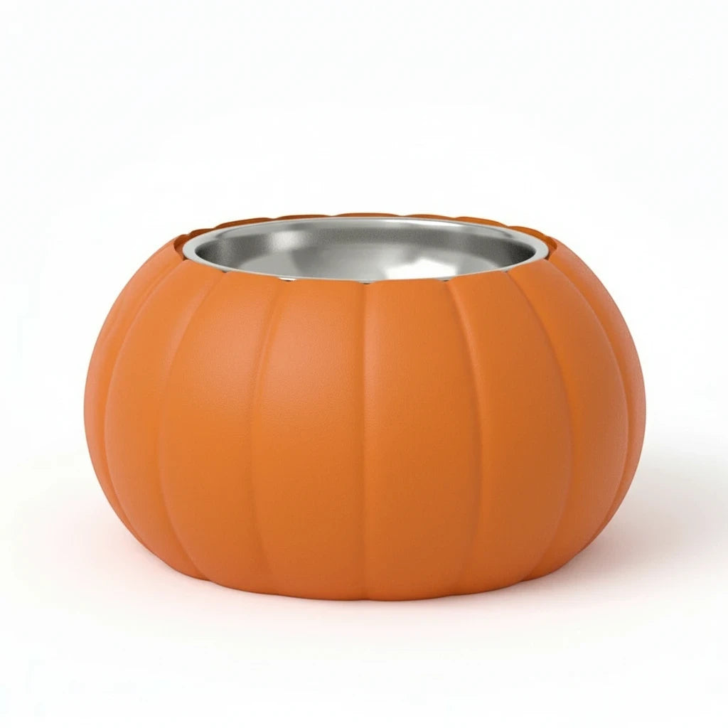 Comedero Gatitud Store con forma de calabaza naranja para gatos y perros pequeños, fabricado en plástico 3D.