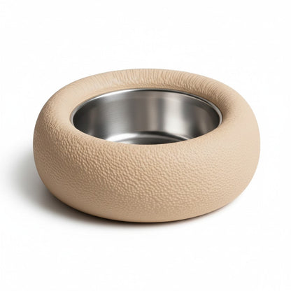 Comedero elevado Gatitud Store color beige con textura granulada y cuenco de acero inoxidable para gatos y perros