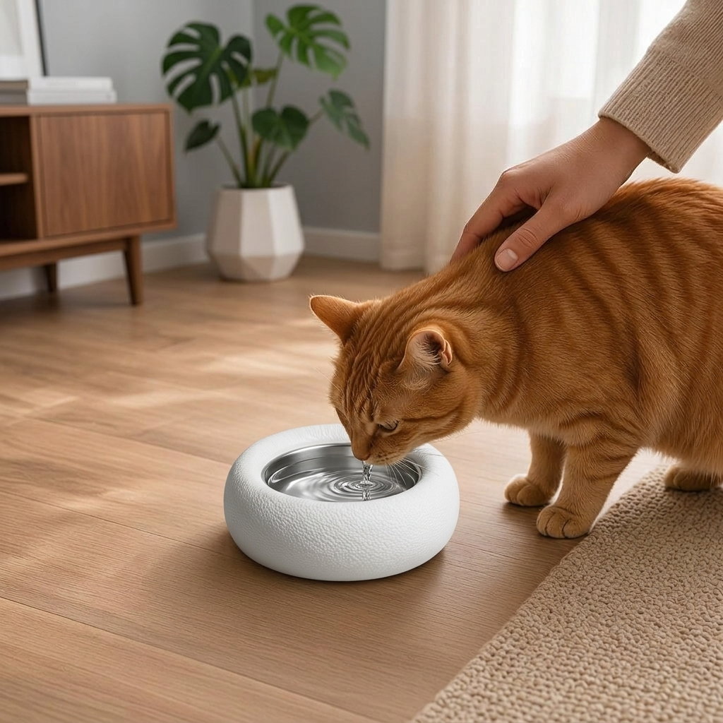 Gatitud Store comedero elevado blanco para gatos con cuenco de acero inoxidable en un hogar minimalista
