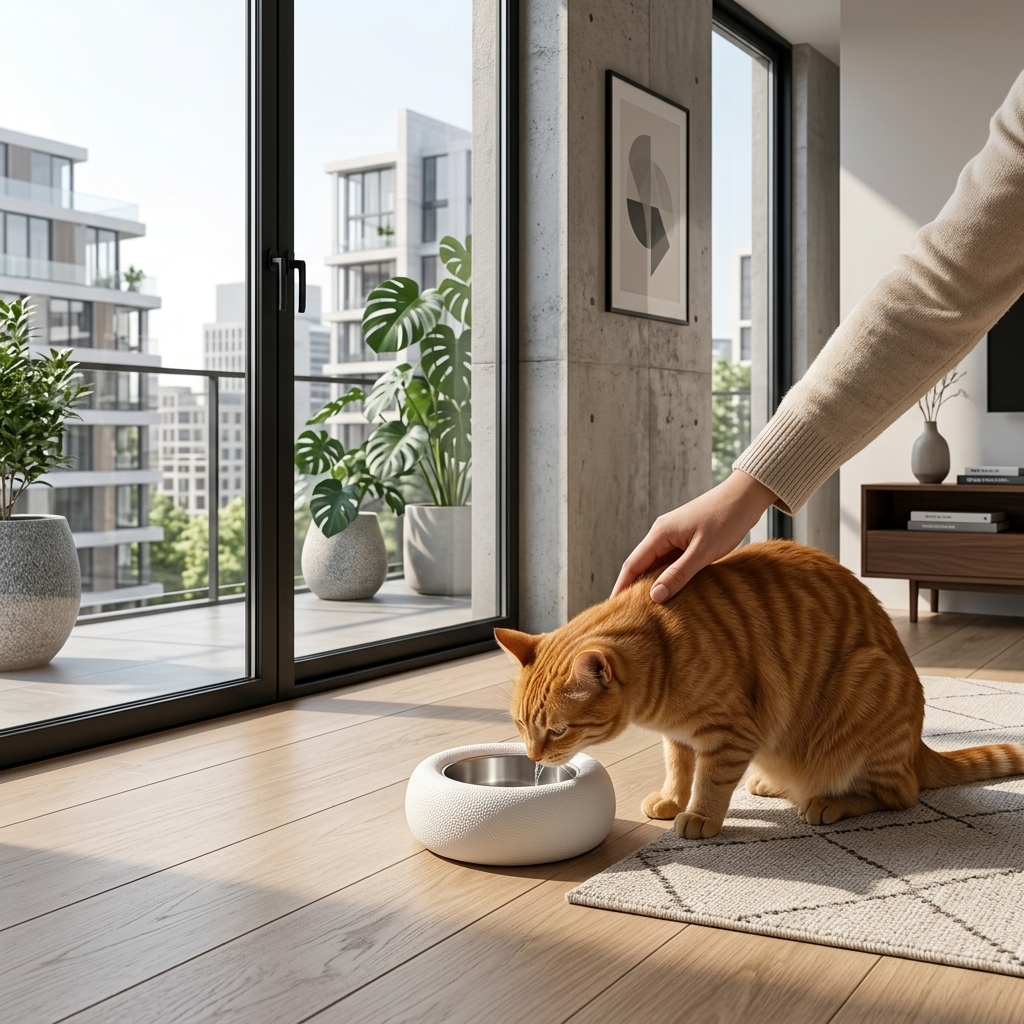 Gato atigrado bebiendo de un comedero elevado Gatitud Store de diseño minimalista sobre suelo de madera en sala