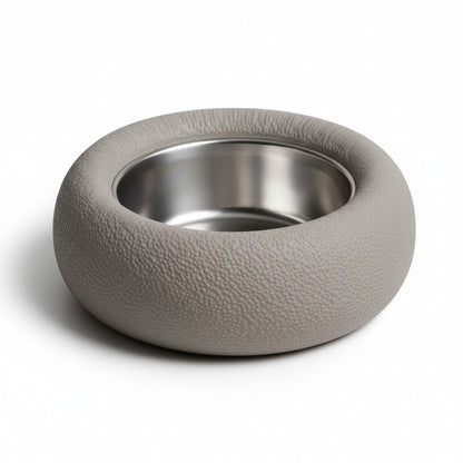 Comedero elevado Gatitud Store gris con textura granulada y cuenco de acero inoxidable para gatos y perros pequeños