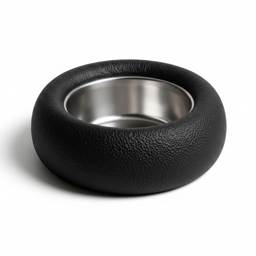 Comedero elevado Gatitud Store negro con textura rugosa y cuenco de acero inoxidable para gatos y perros pequeños