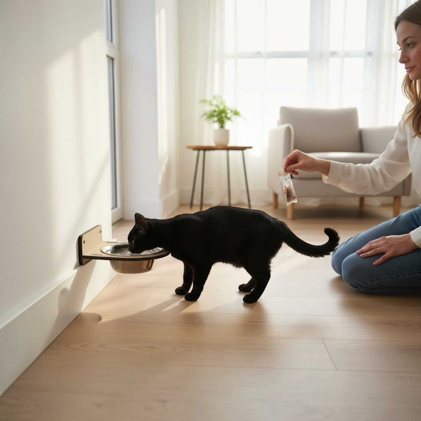 Gato negro comiendo en comedero de pared Gatitud Store de madera MDF con plato de acero inoxidable elevado