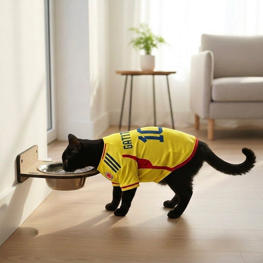 Gato negro con camiseta de fútbol comiendo en comedero de pared individual de madera MDF de Gatitud Store