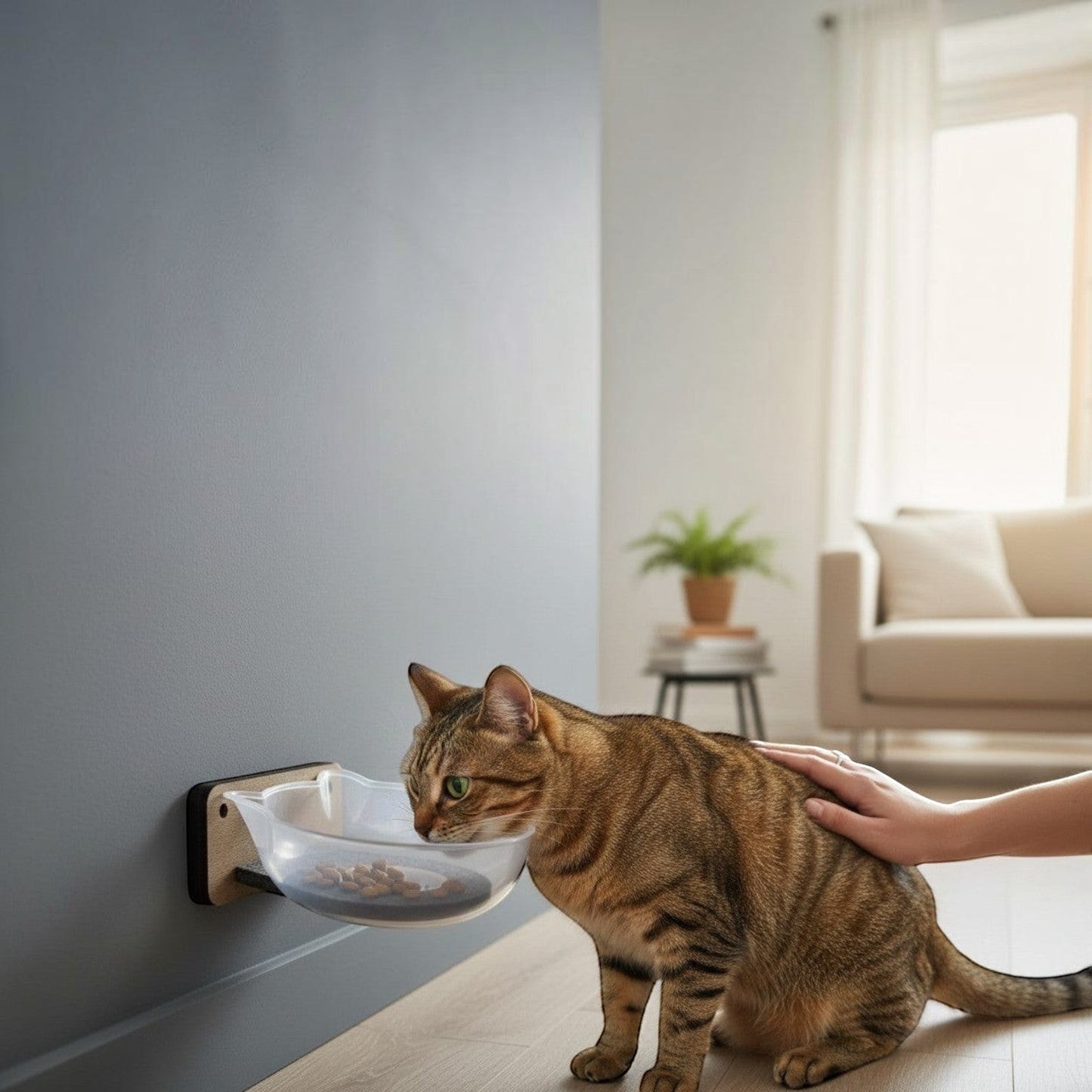 Comedero de pared Gatitud Store de madera MDF con cuenco plástico ergonómico para gato atigrado comiendo