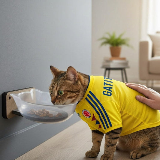 Gato con camiseta de Colombia comiendo en comedero de pared Gatitud Store de madera MDF con cuenco plástico ergonómico