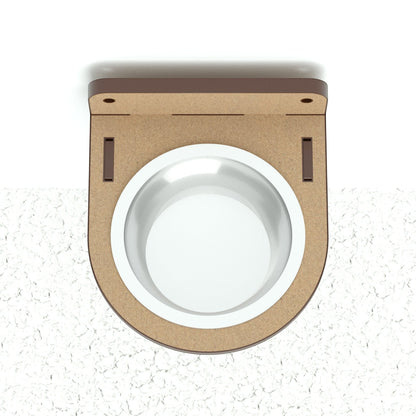 Comedero de pared individual para gatos Gatitud Store, fabricado en madera MDF con plato blanco incluido.