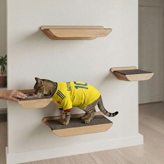 Gato con camiseta de fútbol comiendo en un comedero de pared individual de madera MDF de Gatitud Store
