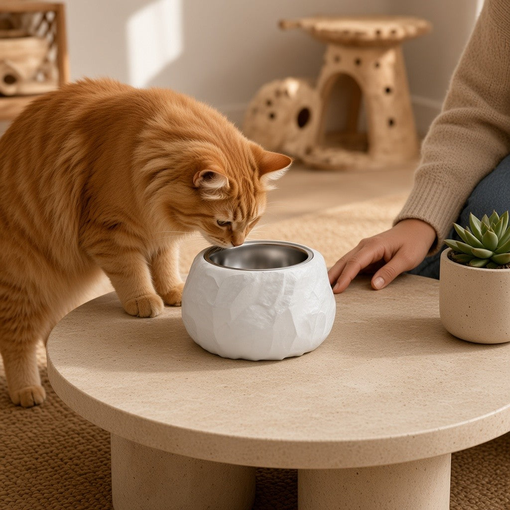 Gatitud Store comedero blanco para gatos con diseño de piedra labrada y cuenco de acero inoxidable sobre mesa redonda