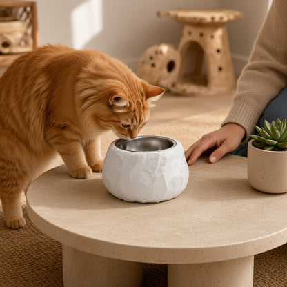 Gatitud Store comedero blanco para gatos con diseño de piedra labrada y cuenco de acero inoxidable sobre mesa redonda