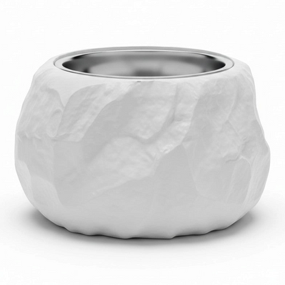 Comedero Gatitud Store blanco con diseño de piedra labrada y cuenco metálico para gatos y perros
