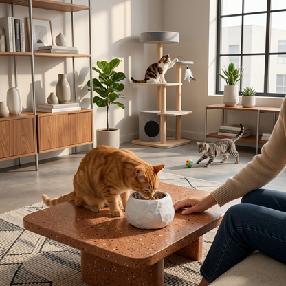 Comedero Gatitud Store con diseño de piedra labrada blanca para gatos, colocado sobre una mesa en un salón moderno.
