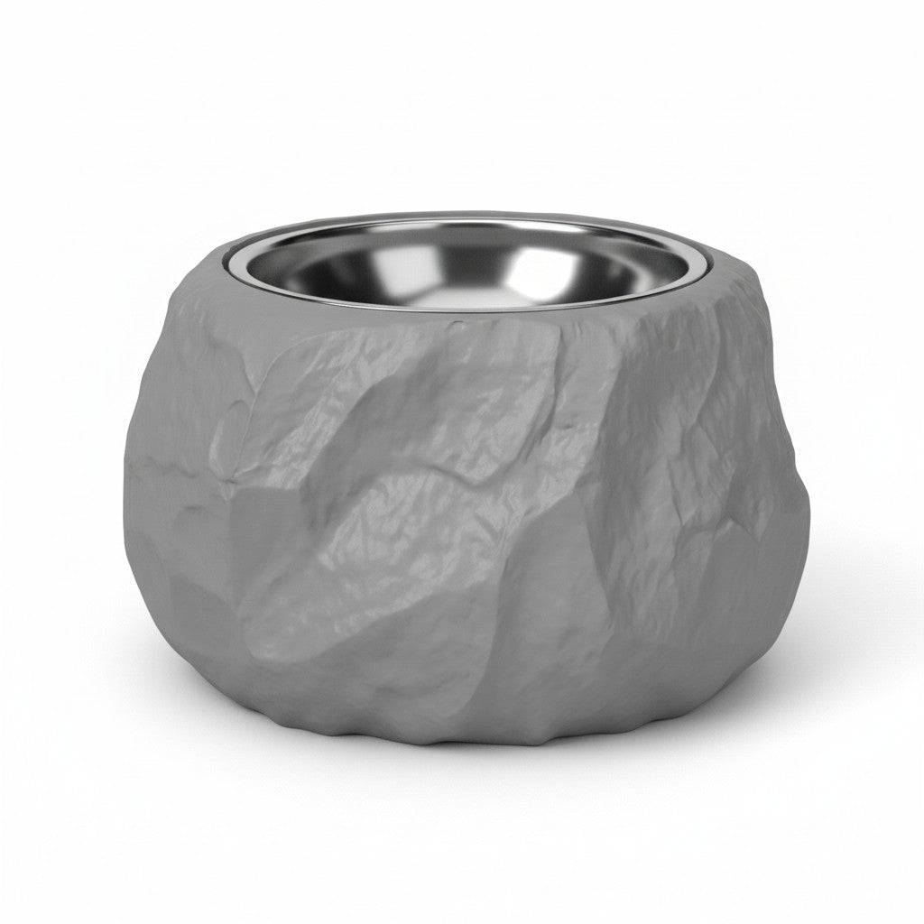 Comedero Gatitud Store gris con diseño de piedra labrada y cuenco de acero inoxidable para gatos y perros