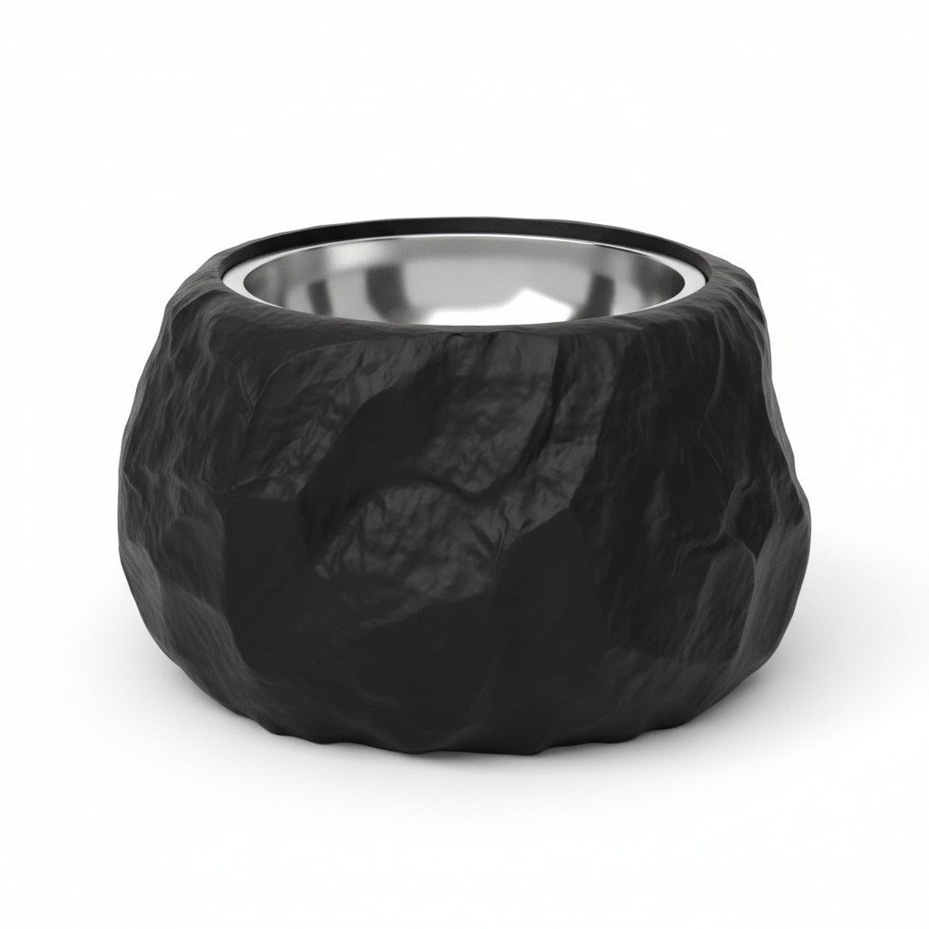 Comedero negro para mascotas Gatitud Store con diseño de piedra labrada y cuenco interior de acero inoxidable