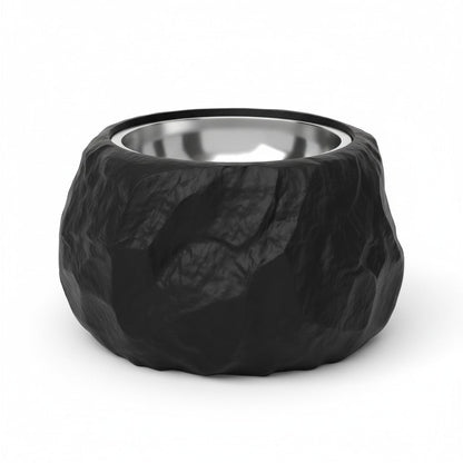Comedero negro para mascotas Gatitud Store con diseño de piedra labrada y cuenco interior de acero inoxidable