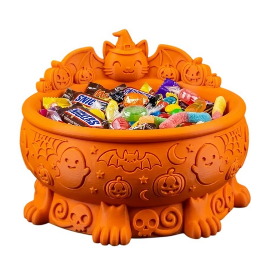 Cuenco Calabaza de Halloween de Gatitud Store naranja con relieve de fantasmas y gato con sombrero de bruja lleno