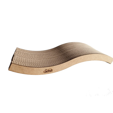 Gatitud Store curved corrugated cardboard cat scratcher lounger with a wavy shape for scratching and resting.