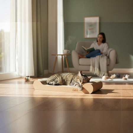Gatitud Store curved cardboard cat scratcher lounger with a tabby cat sleeping on it, in a sunlit living room.