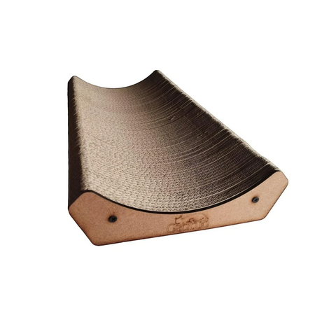 Gatitud Store curved cardboard cat scratcher lounger, neutral color, corrugated material, ergonomic design.
