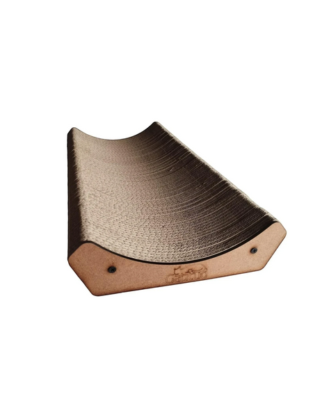Gatitud Store curved cardboard cat scratcher lounger, neutral color, corrugated material, ergonomic design.