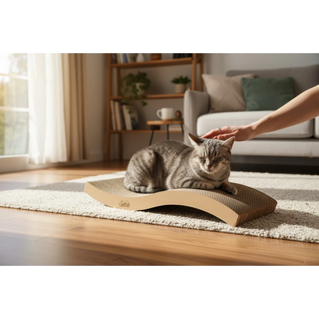 Gatitud Store curved corrugated cardboard cat scratcher lounger with a tabby cat resting on it.