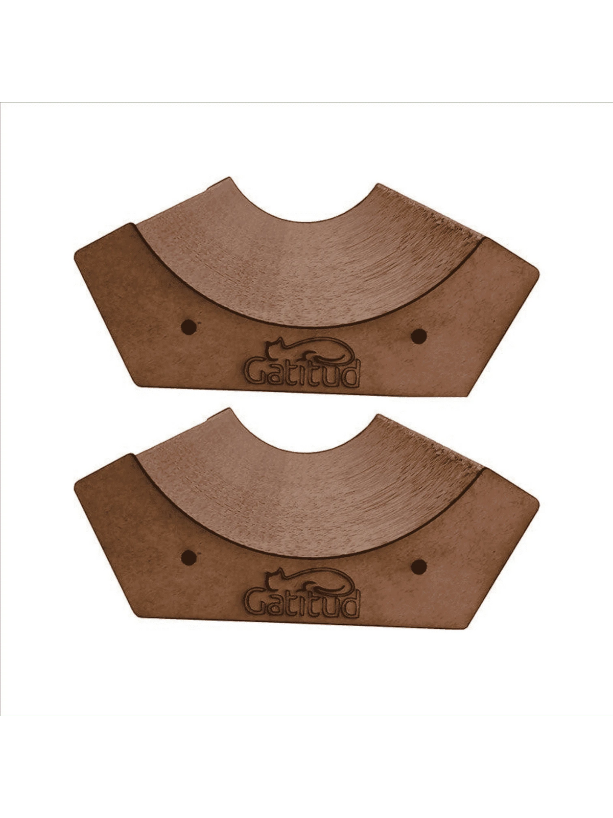 Gatitud Store brown corrugated cardboard curved cat scratching lounge with embossed logo.