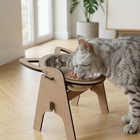 Gatitud Store elevated wooden cat-shaped feeder with stainless steel bowl for food or water.