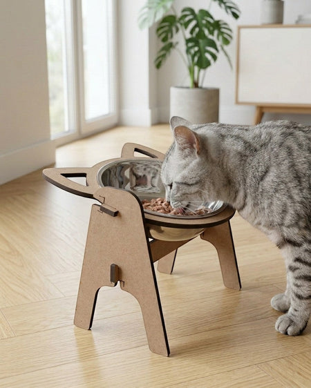Gatitud Store elevated wooden cat-shaped feeder with stainless steel bowl for food or water.