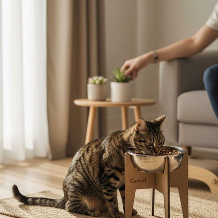 Gatitud Store modern wood composite elevated pet bowl stand with a stainless steel bowl, featuring a cross-legged design. A tabby cat eats from the bowl.