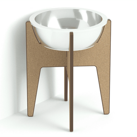 Gatitud Store modern wooden pet bowl stand with a white ceramic bowl, promoting better digestion and comfort.
