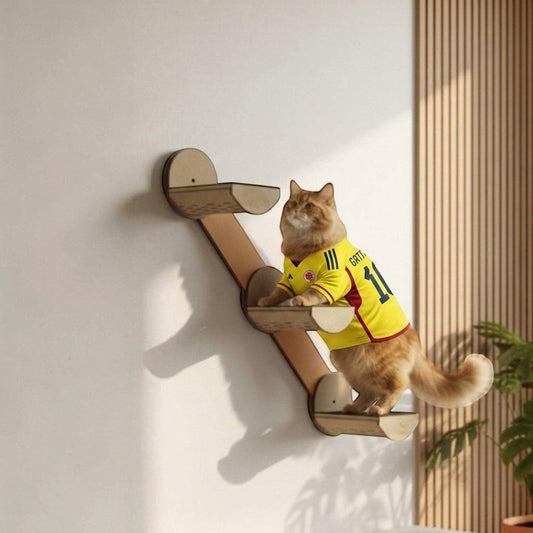 Gatitud Store escalera de pared para gatos de madera MDF natural con 3 peldaños, ideal para gimnasio felino.