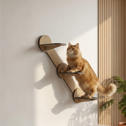 Gato naranja subiendo por la escalera de muro de madera MDF de Gatitud Store instalada en una pared blanca.