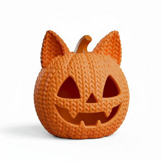Gato Calabaza Gatitud Store de color naranja con textura de tejido de punto, ideal para decoración de Halloween.