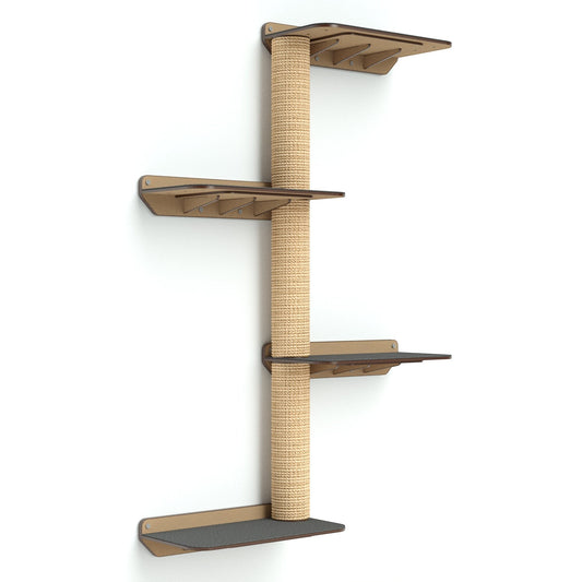 Gimnasio para gatos Gatitud Store COMBO F de pared con plataformas de madera MDF y poste rascador de cabuya natural.