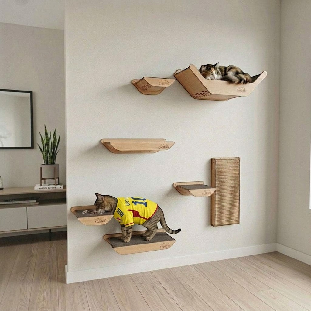 Gimnasio de pared Gatitud Store COMBO B con plataformas, rascador y hamaca de madera MDF para gatos en casa.