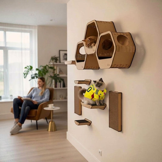Gimnasio de pared para gatos Gatitud Store, set modular de madera MDF con repisas y cubos hexagonales en sala moderna.