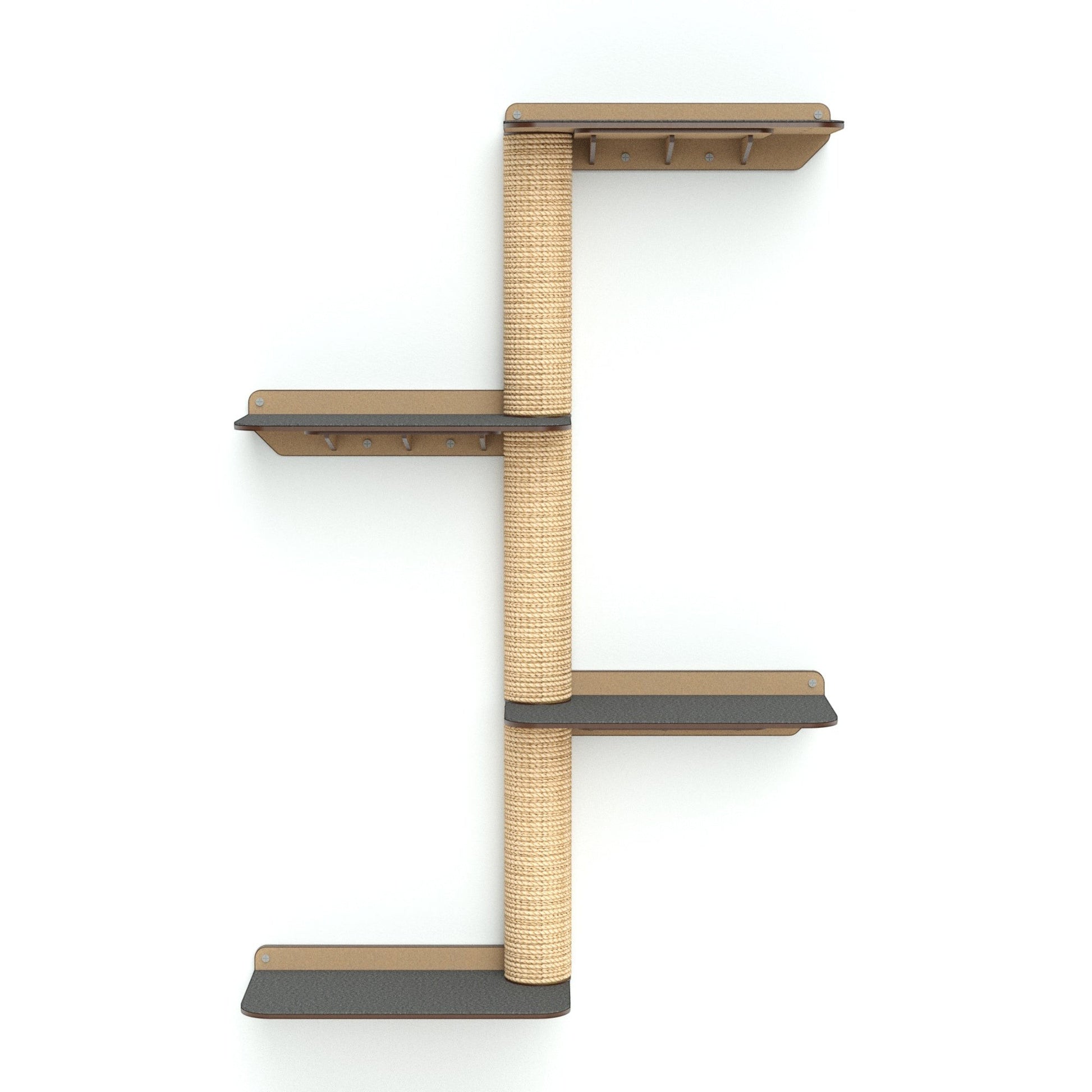 Gimnasio de pared para gatos Gatitud Store con plataformas de madera MDF y tubos rascadores de cabuya natural.