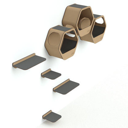 Gimnasio de pared para gatos Gatitud Store modelo COMBO C con repisas y cubos hexagonales de madera MDF color natural